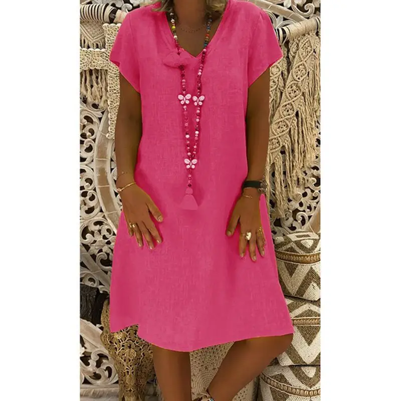 Women V-Neck Cotton Linen Dress Pink Short Sleeve