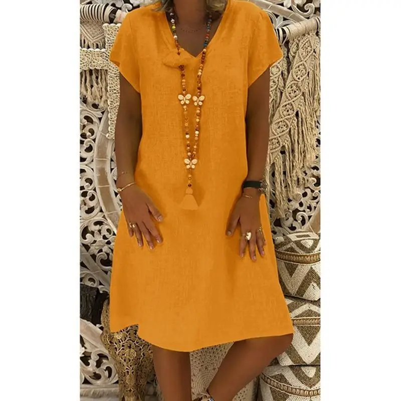 Women V-Neck Cotton Linen Dress Pink Short Sleeve