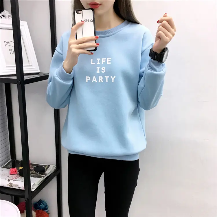 Women Korean Style Letter Print Fleece Sweatshirt Pink - Image 2