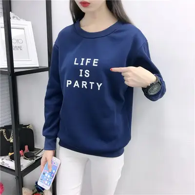 Women Korean Style Letter Print Fleece Sweatshirt Pink - Image 5