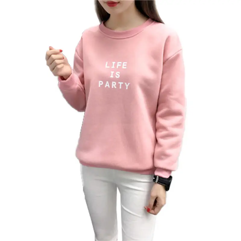 Women Korean Style Letter Print Fleece Sweatshirt Pink - Image 6