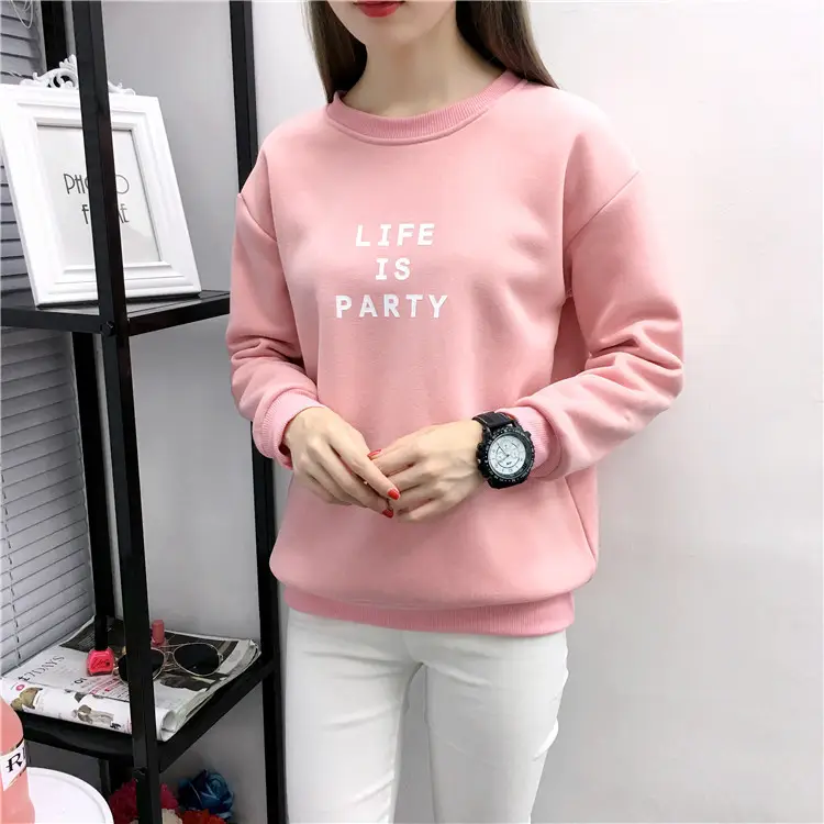 Women Korean Style Letter Print Fleece Sweatshirt Pink — feature 14