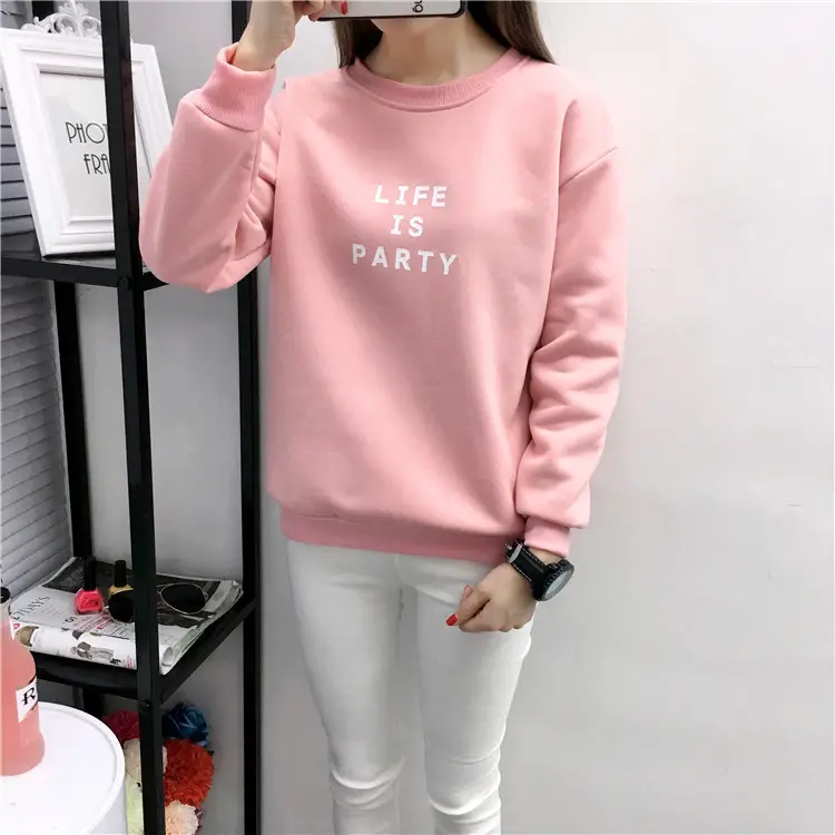 Women Korean Style Letter Print Fleece Sweatshirt Pink — feature 16