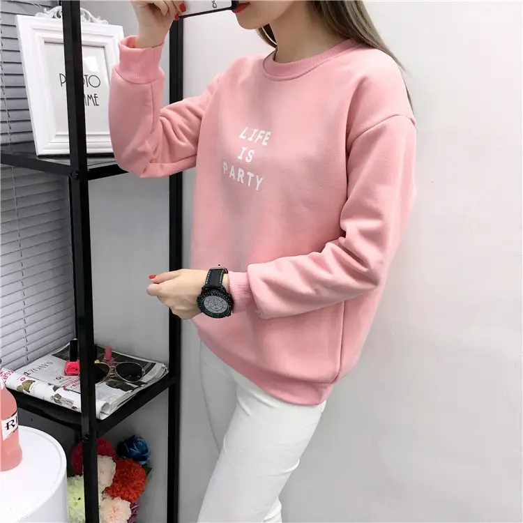 Women Korean Style Letter Print Fleece Sweatshirt Pink — feature 17