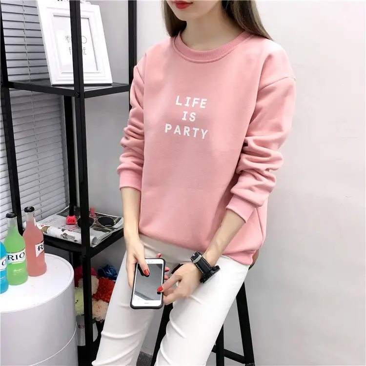 Women Korean Style Letter Print Fleece Sweatshirt Pink — feature 19