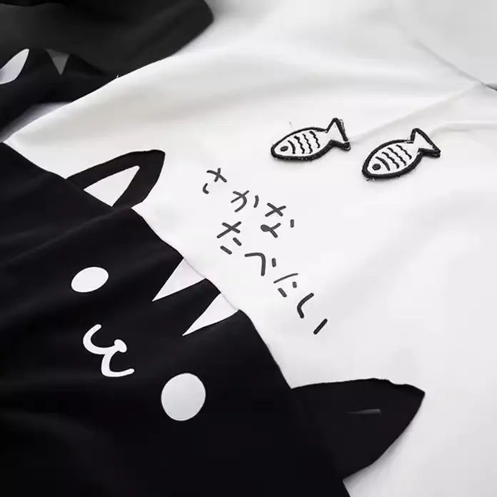 Japanese Style Mori Girl Cat Hooded Sweatshirt White Black - Image 6