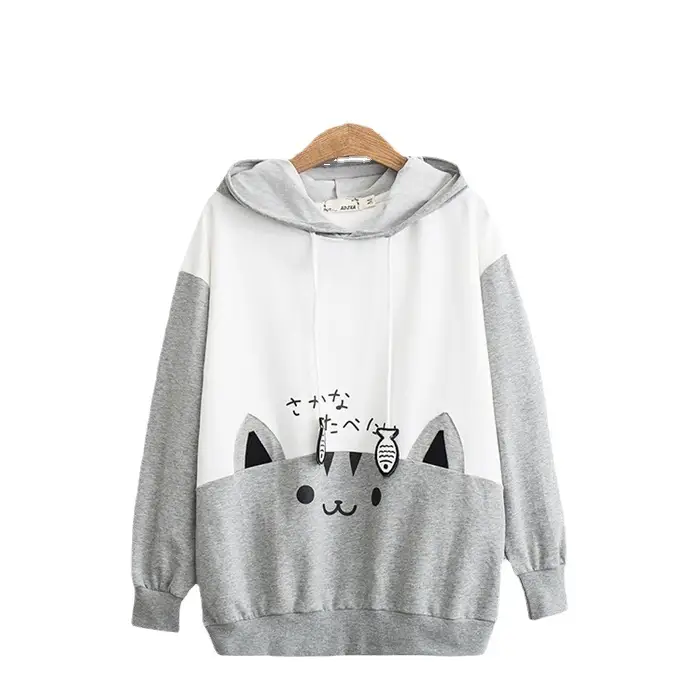 Japanese Style Mori Girl Cat Hooded Sweatshirt White Black - Image 7