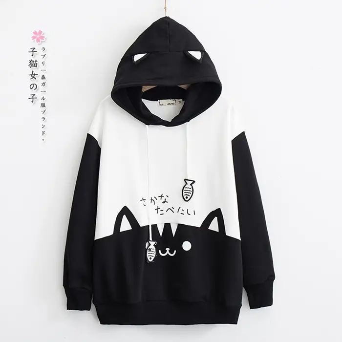 Japanese Style Mori Girl Cat Hooded Sweatshirt White Black - Image 2