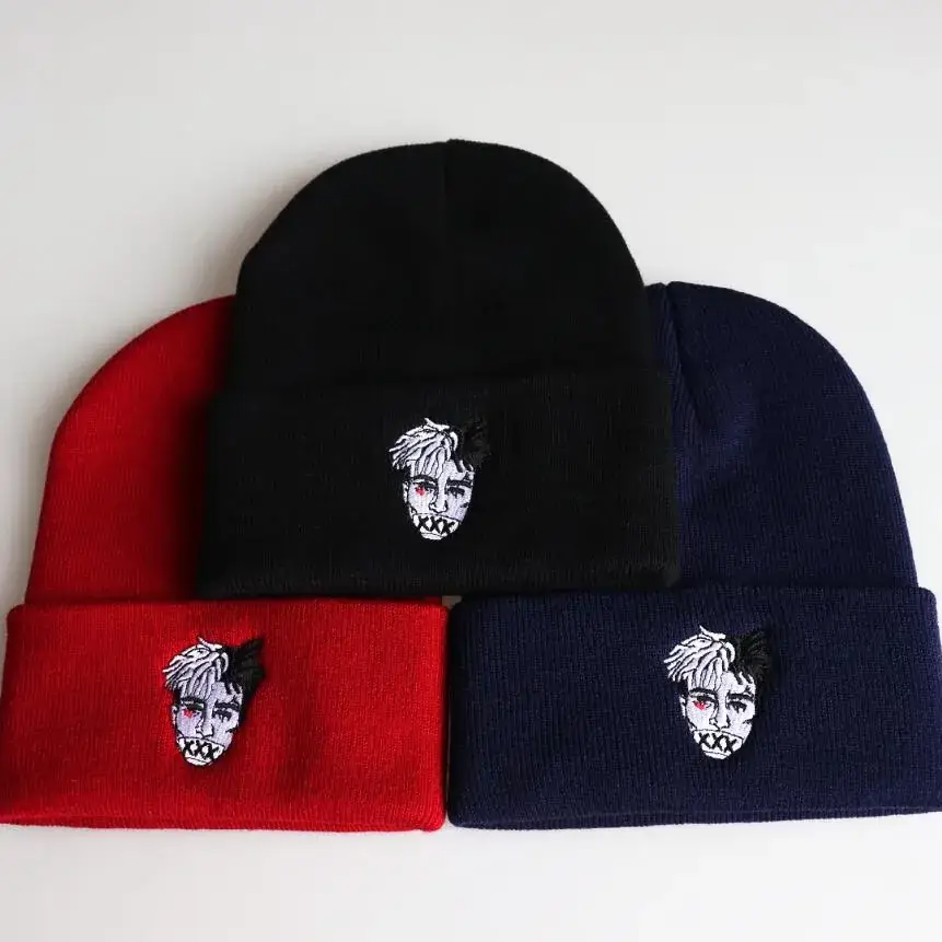 Red Embroidered Knitted Beanie for Men Winter Ski Hat