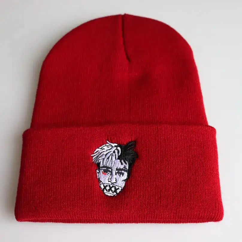 Red Embroidered Knitted Beanie for Men Winter Ski Hat