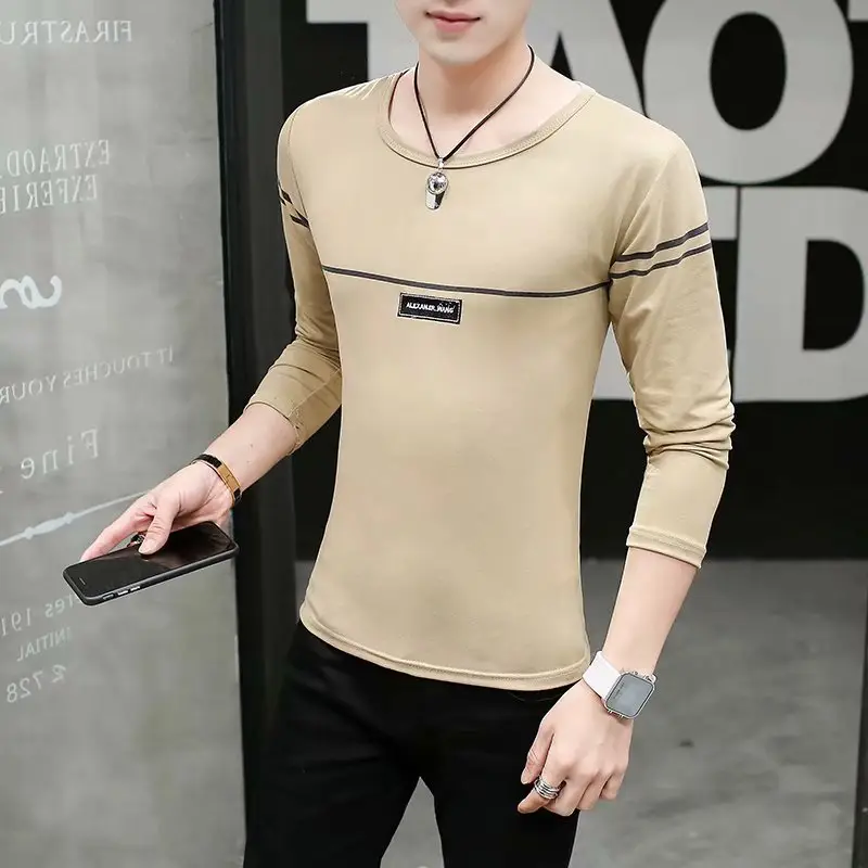 Men's Long Sleeve Slim Fit T-Shirt Tan Round Neck - Image 5