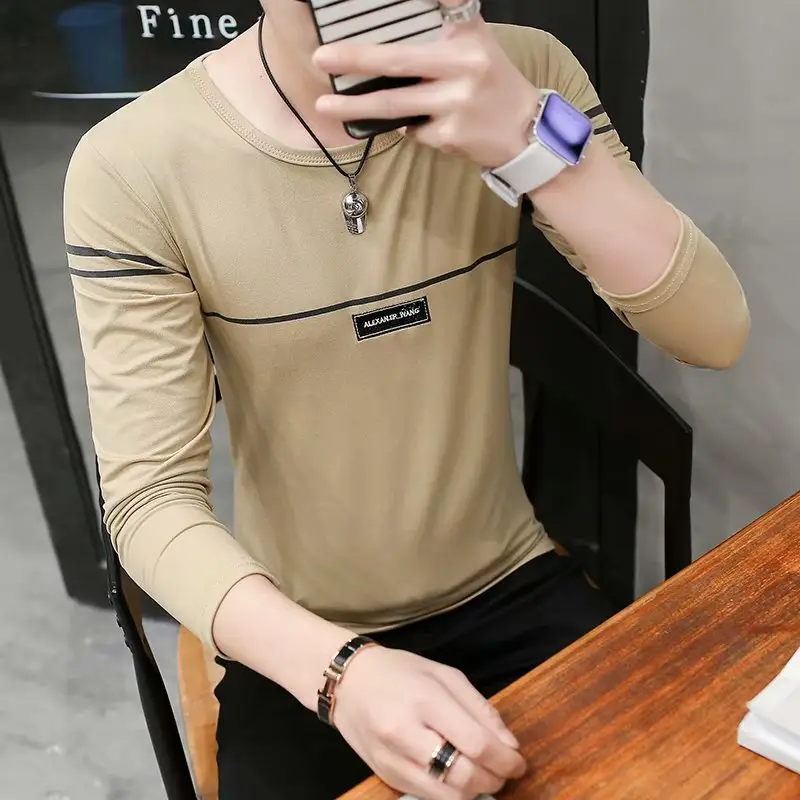 Men's Long Sleeve Slim Fit T-Shirt Tan Round Neck - Image 6