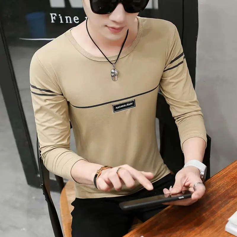 Men's Long Sleeve Slim Fit T-Shirt Tan Round Neck - Image 2