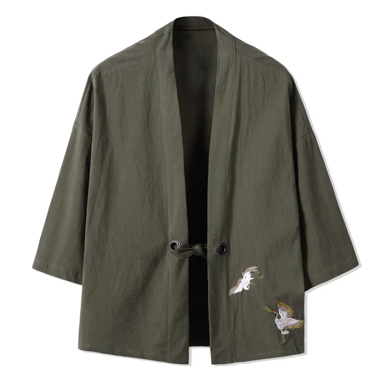 Men's 2018 Hanfu Jacket Cotton Linen Embroidery Brown Large - Image 9