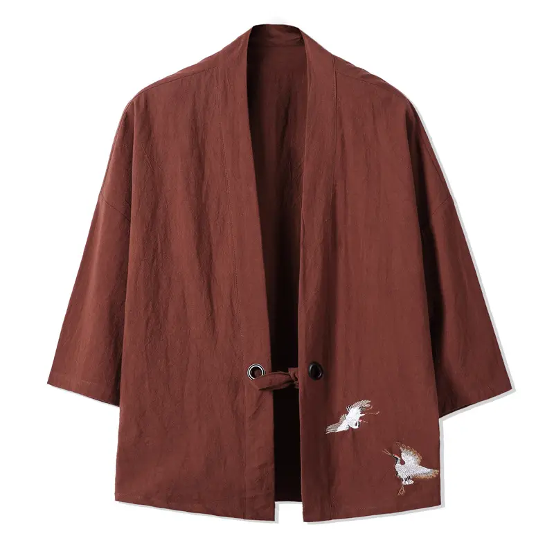 Men's 2018 Hanfu Jacket Cotton Linen Embroidery Brown Large - Image 10