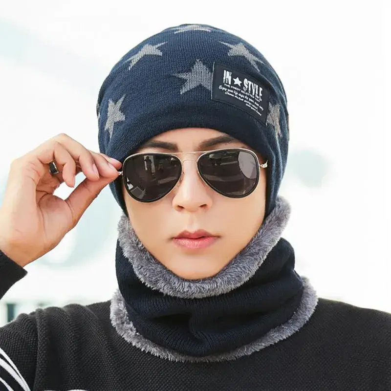 Men's Star Patterned Winter Beanie with Fleece Trim - Image 2