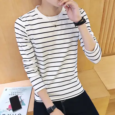 Men Striped Long Sleeve T-Shirt White Black Casual Wear