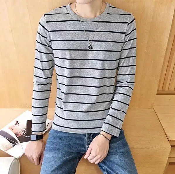Men Striped Long Sleeve T-Shirt White Black Casual Wear