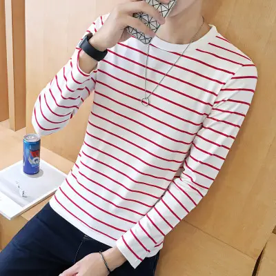 Men Striped Long Sleeve T-Shirt White Black Casual Wear