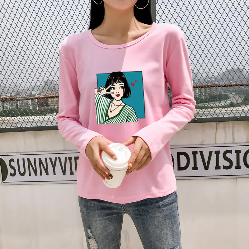 Women Long Sleeve Printed T-Shirt White Vintage Hong Kong Style