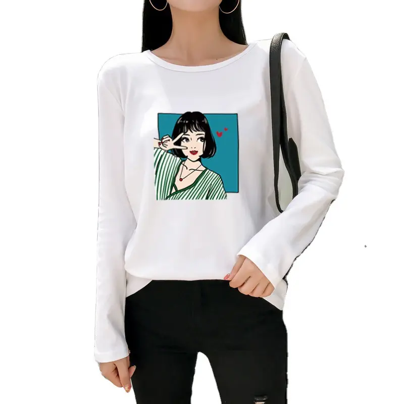 Women Long Sleeve Printed T-Shirt White Vintage Hong Kong Style