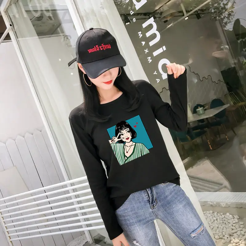 Women Long Sleeve Printed T-Shirt White Vintage Hong Kong Style — feature 12