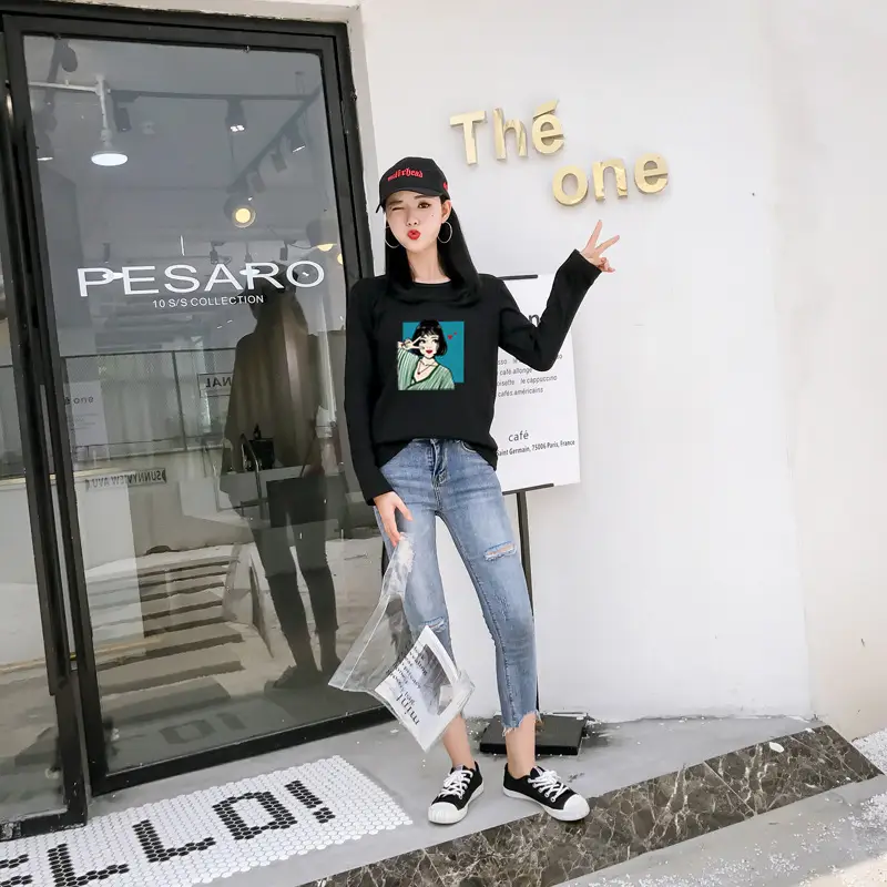 Women Long Sleeve Printed T-Shirt White Vintage Hong Kong Style — feature 13