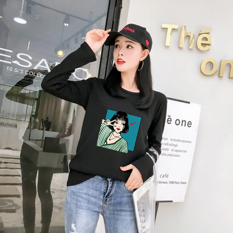 Women Long Sleeve Printed T-Shirt White Vintage Hong Kong Style — feature 14