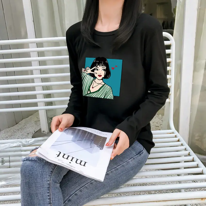 Women Long Sleeve Printed T-Shirt White Vintage Hong Kong Style — feature 16