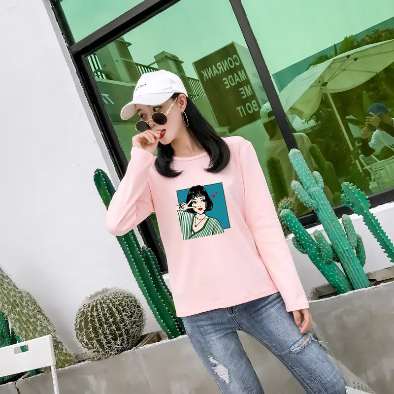 Women Long Sleeve Printed T-Shirt White Vintage Hong Kong Style — feature 18