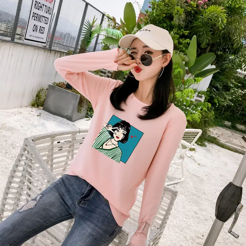 Women Long Sleeve Printed T-Shirt White Vintage Hong Kong Style — feature 20