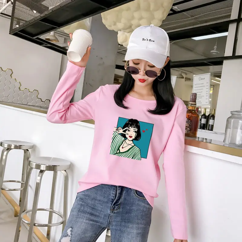 Women Long Sleeve Printed T-Shirt White Vintage Hong Kong Style — feature 28