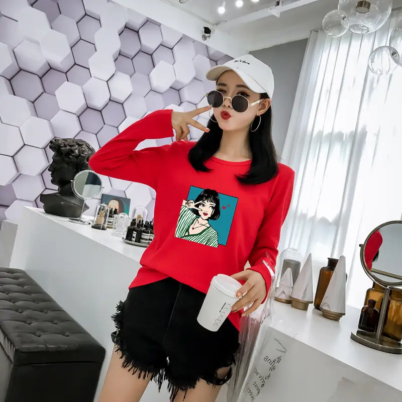 Women Long Sleeve Printed T-Shirt White Vintage Hong Kong Style — feature 31