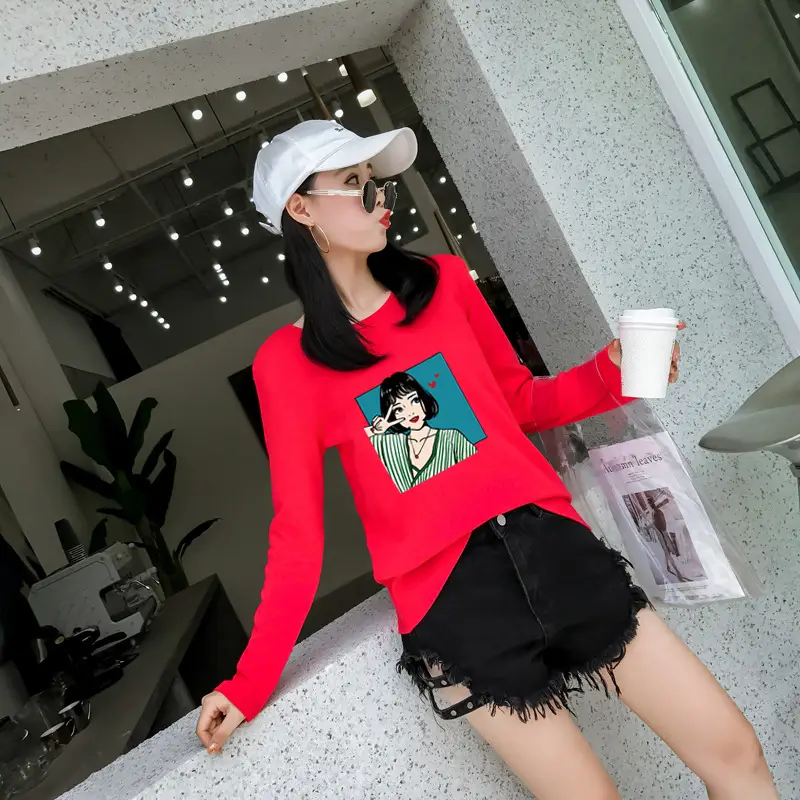 Women Long Sleeve Printed T-Shirt White Vintage Hong Kong Style — feature 32