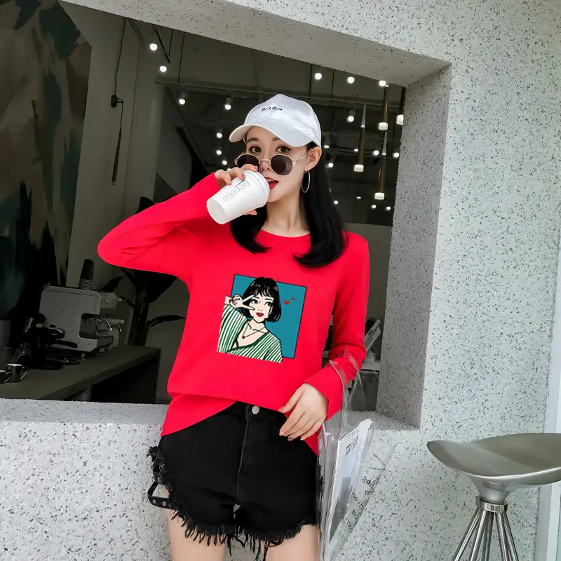 Women Long Sleeve Printed T-Shirt White Vintage Hong Kong Style — feature 33