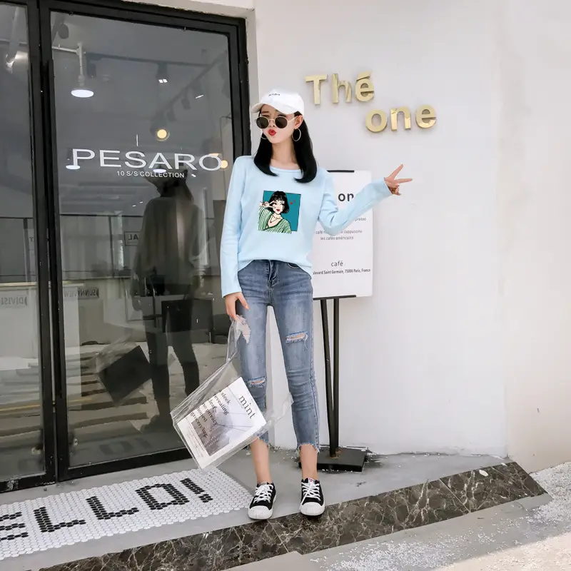 Women Long Sleeve Printed T-Shirt White Vintage Hong Kong Style — feature 37