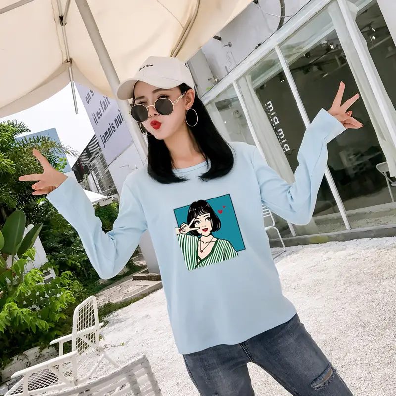 Women Long Sleeve Printed T-Shirt White Vintage Hong Kong Style — feature 38