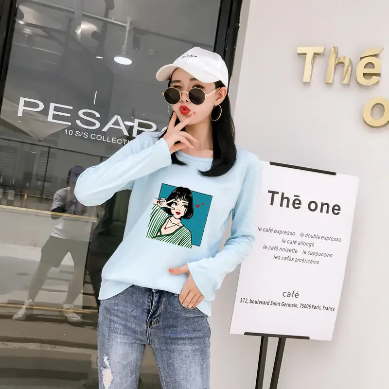 Women Long Sleeve Printed T-Shirt White Vintage Hong Kong Style — feature 39
