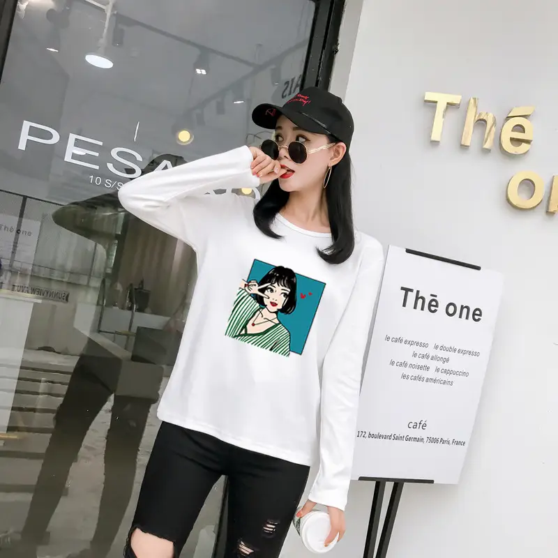 Women Long Sleeve Printed T-Shirt White Vintage Hong Kong Style — feature 4
