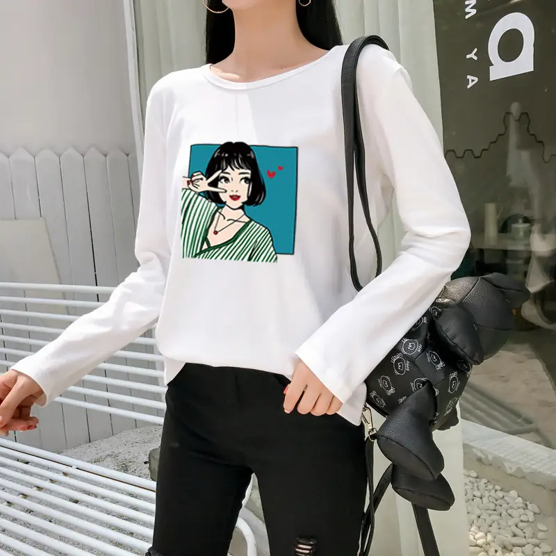 Women Long Sleeve Printed T-Shirt White Vintage Hong Kong Style — feature 5