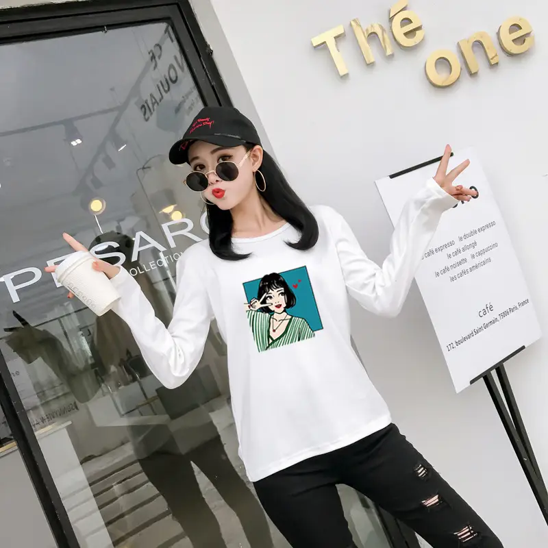 Women Long Sleeve Printed T-Shirt White Vintage Hong Kong Style — feature 6