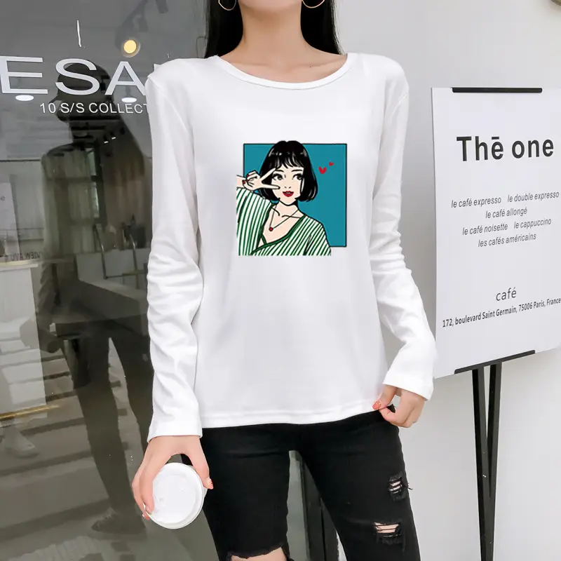 Women Long Sleeve Printed T-Shirt White Vintage Hong Kong Style — feature 7