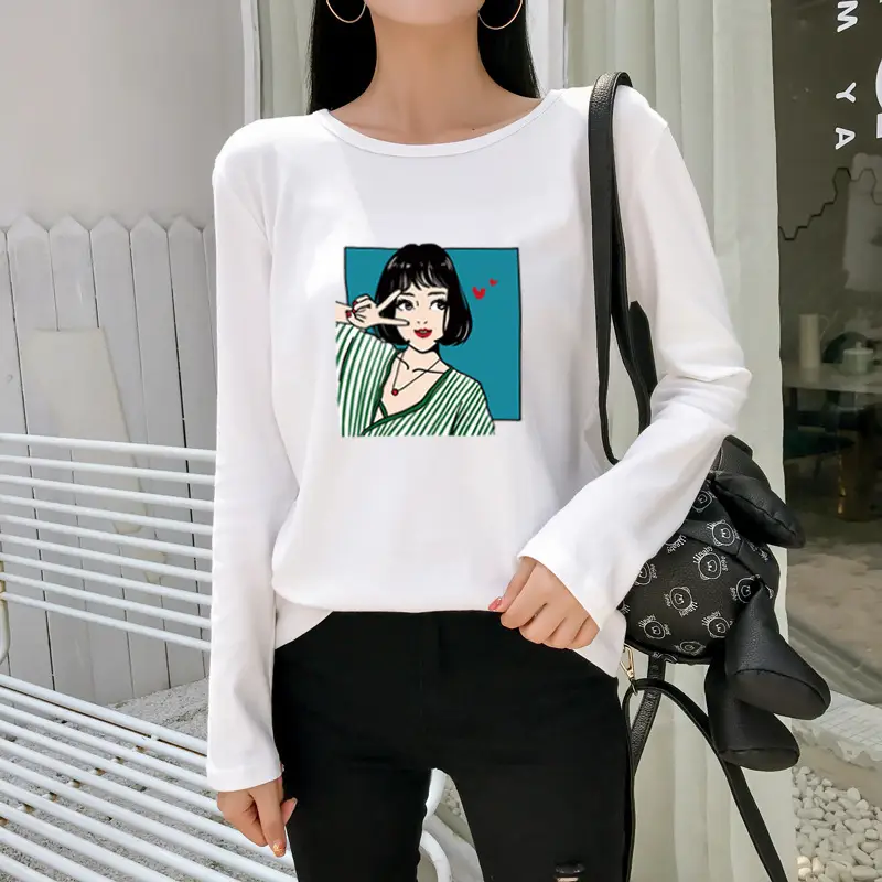 Women Long Sleeve Printed T-Shirt White Vintage Hong Kong Style — feature 8