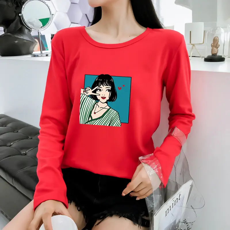 Women Long Sleeve Printed T-Shirt White Vintage Hong Kong Style