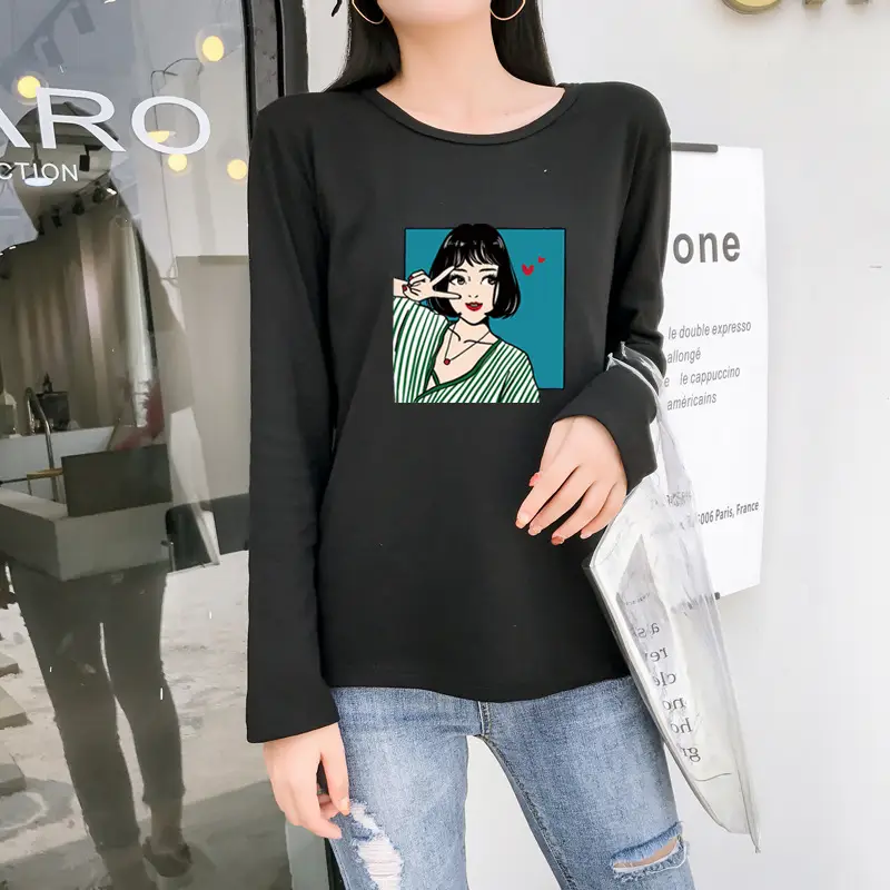 Women Long Sleeve Printed T-Shirt White Vintage Hong Kong Style