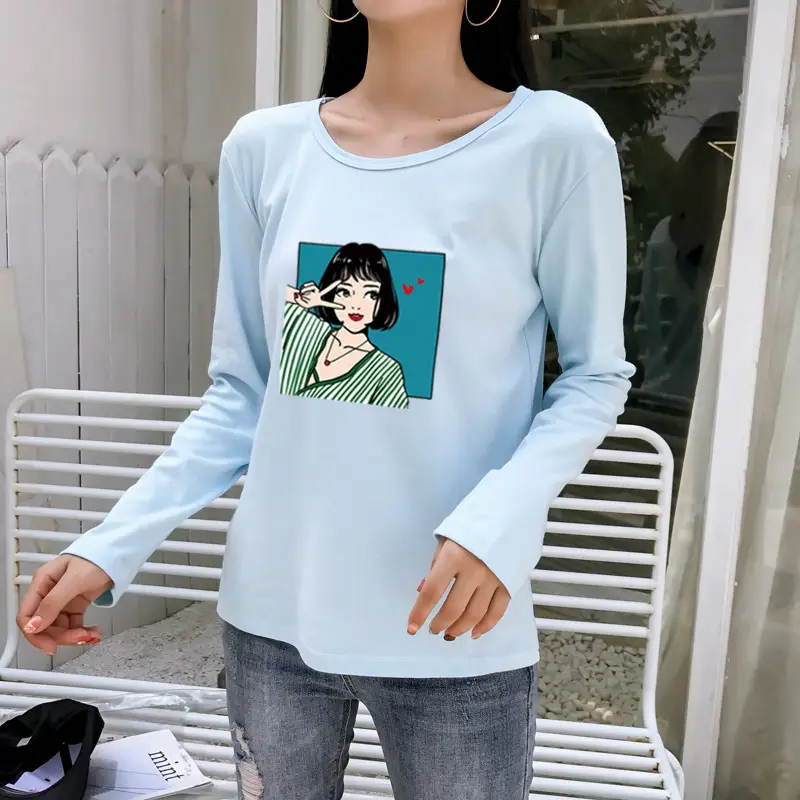 Women Long Sleeve Printed T-Shirt White Vintage Hong Kong Style