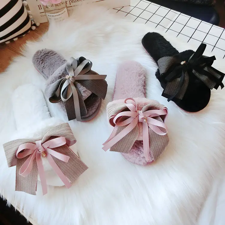 Autumn Winter Plush Open Toe Slippers Handmade Bow White Women - Image 5