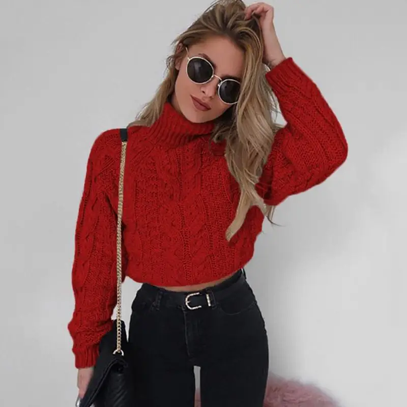 Red Cable Knit High Neck Cropped Top for Women - Image 5