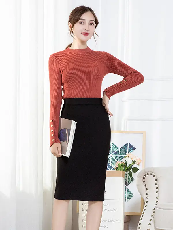 Black High Waist Split Skirt Women's Mid-Length Professional - Image 4