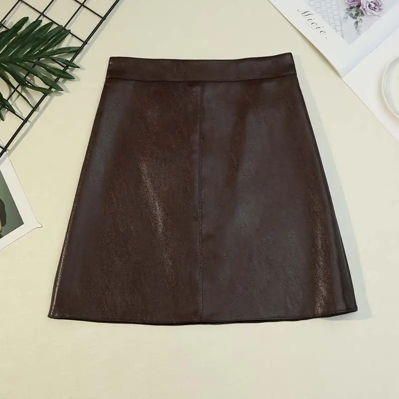 Women Black Leather Hip Cover Skirt Olive Green - Image 5